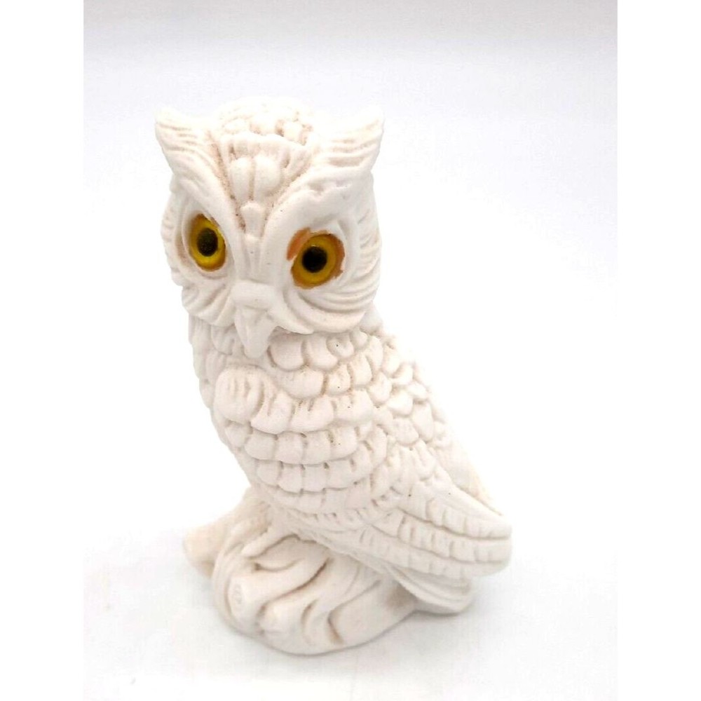 Vintage Carved Alabaster White Owl Figurine Yellow Eyes Made In Italy Signed FH